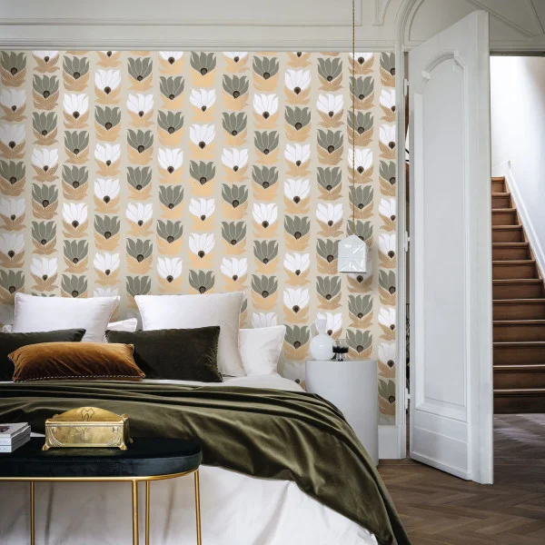 Beige wallpaper with green flowers in a casual modern bedroom