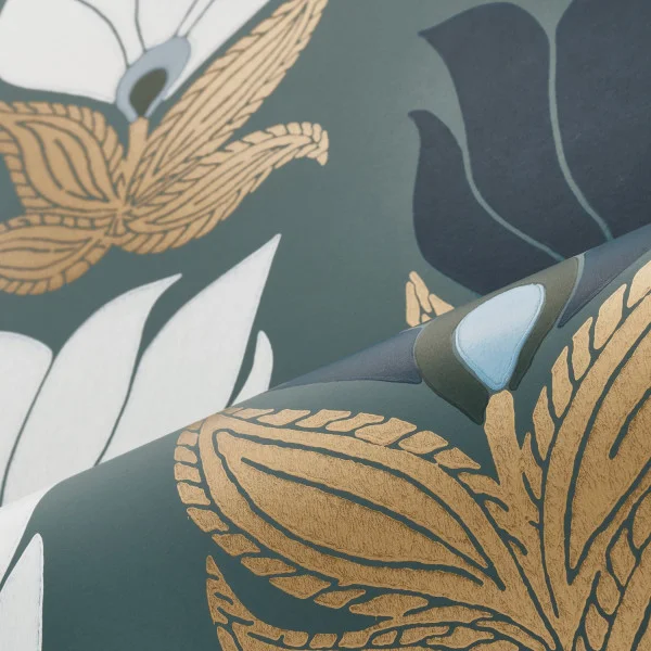 Green wallpaper with gold block printed botanical floral wallpaper