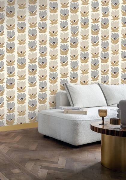 White wallpaper with gold block printed botanical flowers