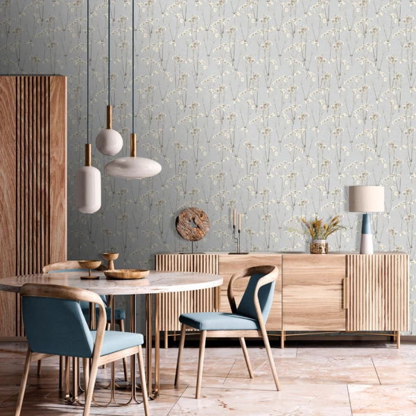 Scandi style dining room featuring Spry Flower wallpaper of delicate blooms