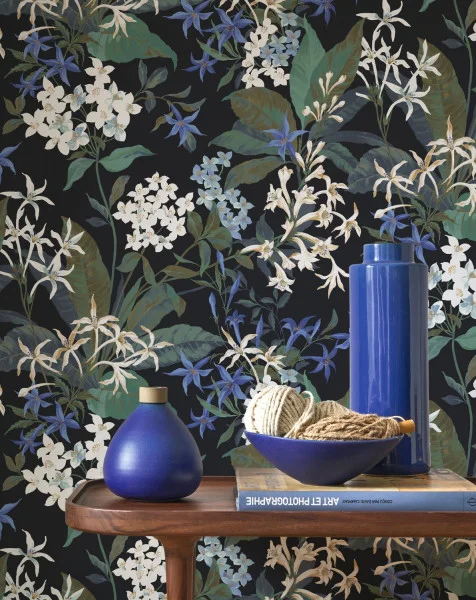 Jasmine Dream in Ink Blue wallpaper with blue ceramics