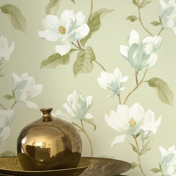 Green painterly wallpaper with Magnolia flowers in modern lifestyle image