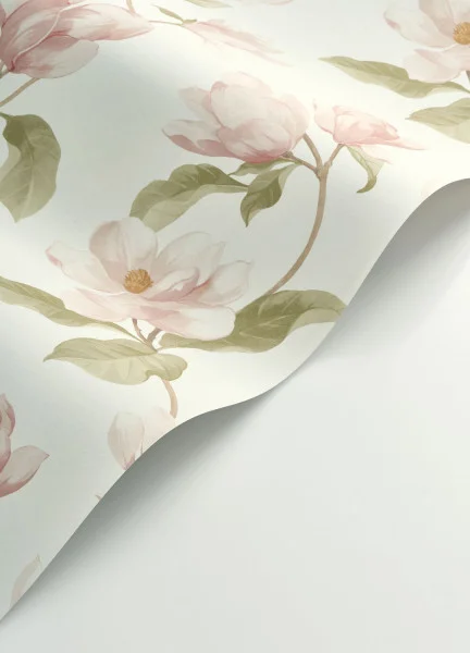 A roll of Magnolia Mist pink wallpaper