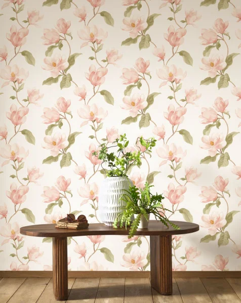 Magnolia Mist in Blush pink floral wallpaper with timber furnishings