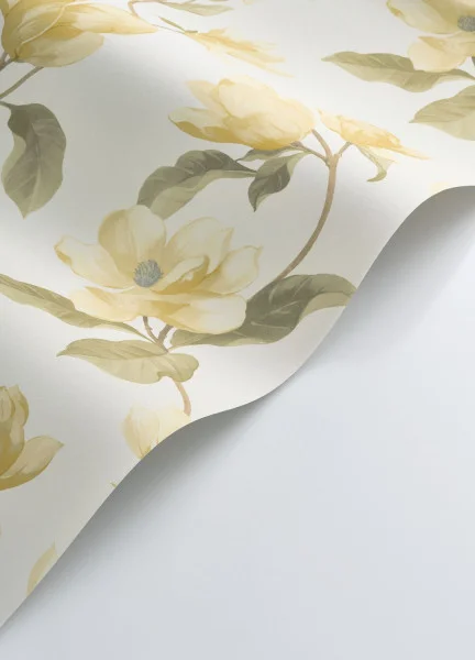 A roll of yellow Magnolia Mist wallpaper