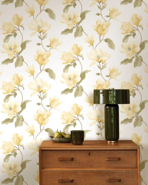 Wallpaper of yellow magnolia flowers in painted style with timber bedroom furniture