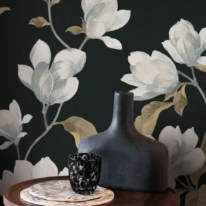 Charcoal Black wallpaper with white magnolias seen with modern furniture