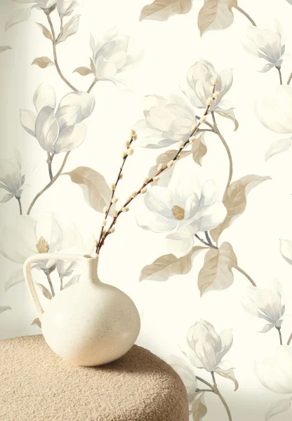 Cream wallpaper with Magnolia flowers with timber table