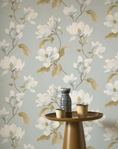 Soft blue Magnolia Mist wallpaper in a lifestyle image