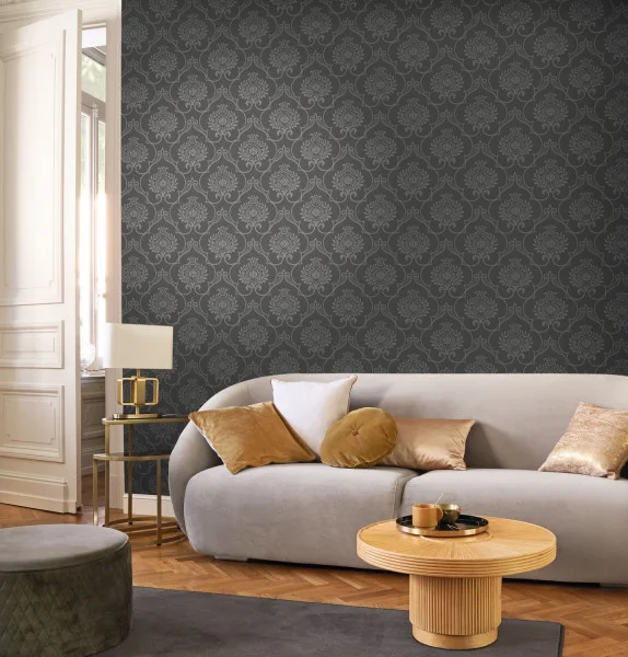 Charcoal black damask wallpaper in al iving room