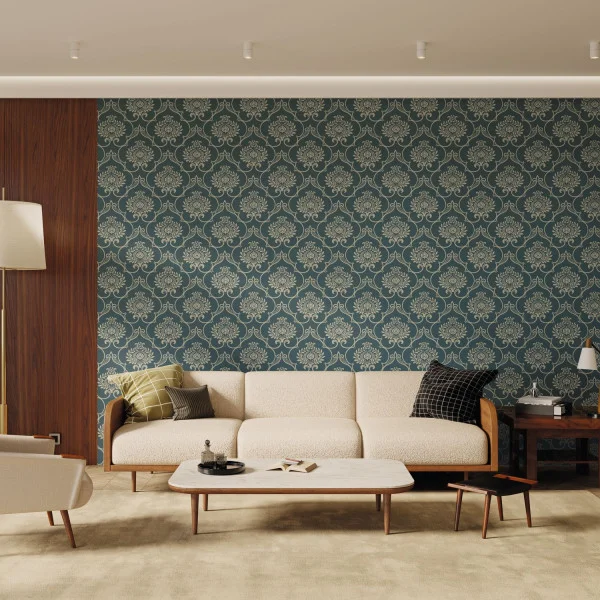 baroque-inspired wallpaper in rich jewel green seen here in a living room