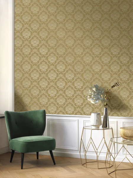 Panache gold wallpaper in an ornamental style above white timber panelling