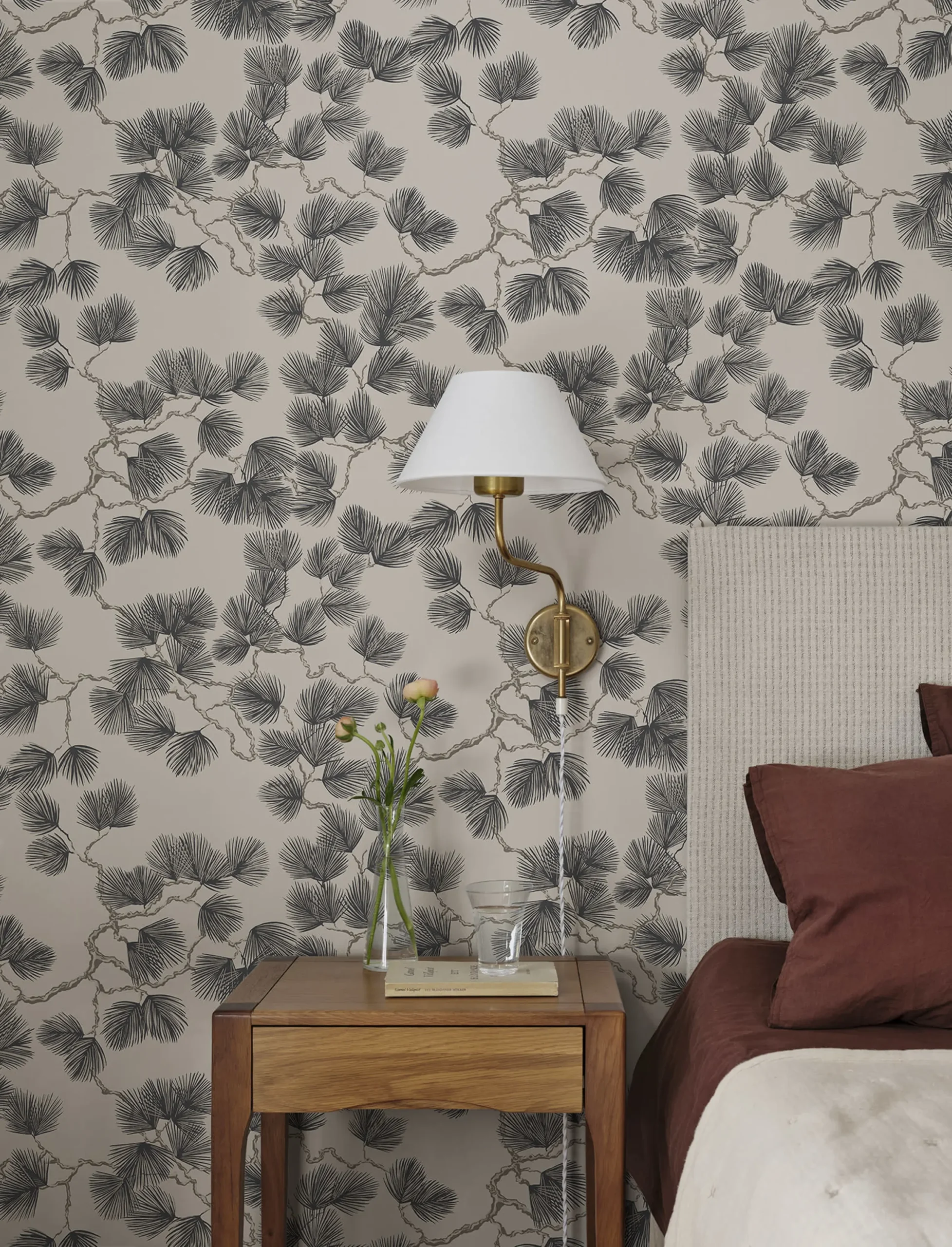 Bedroom with Pine tree branches wallpaper in brown