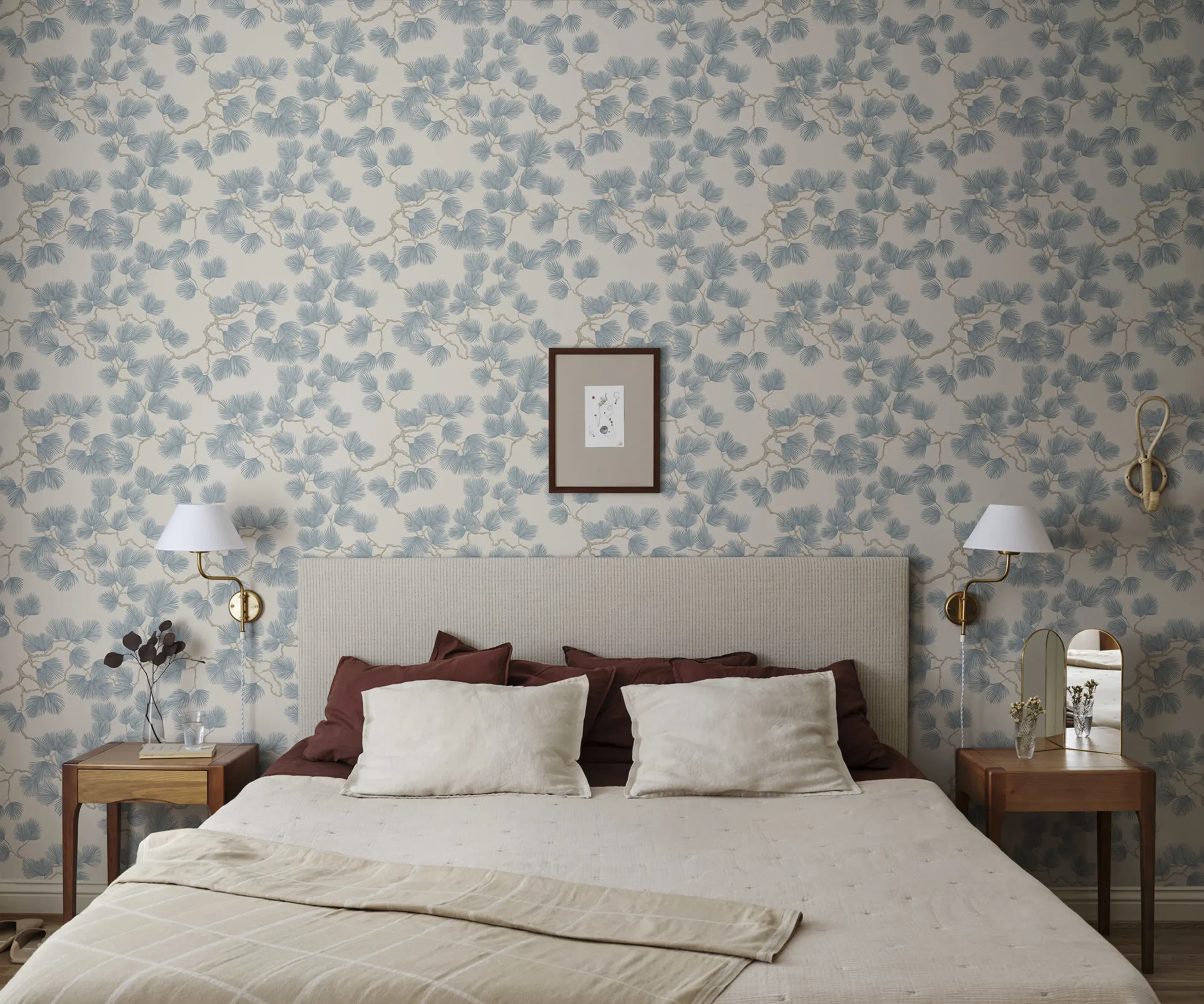 Blue pine needle tree in blue on a feature wall in a bedroom