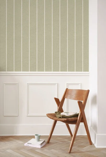 Green stripe wallpaper above timber panel for a classic traditional clean home style