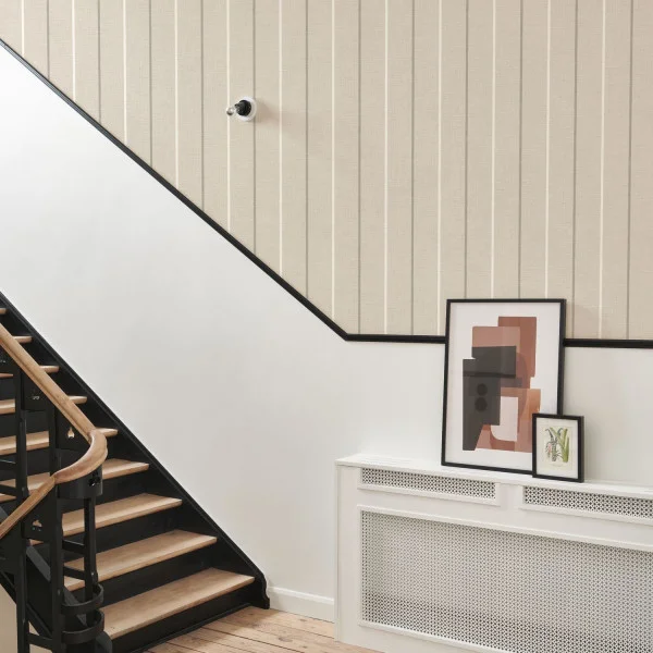 Linen stripe wallpaper on stairs
