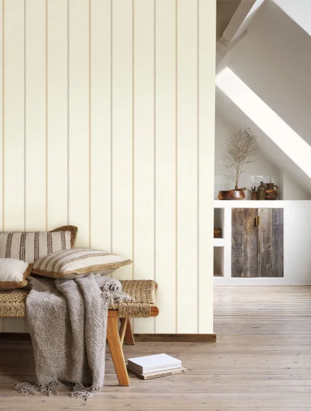 Boho style casual living with cream striped wallpaper