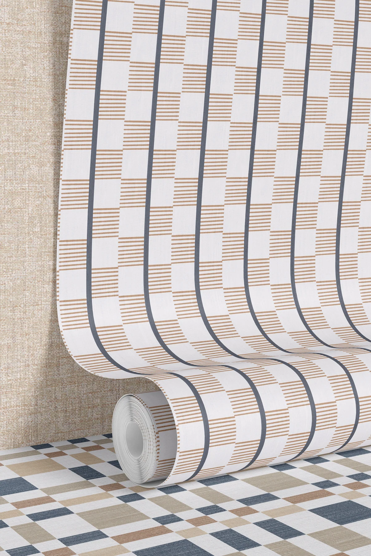 A roll of light brown and white stripy wallpaper