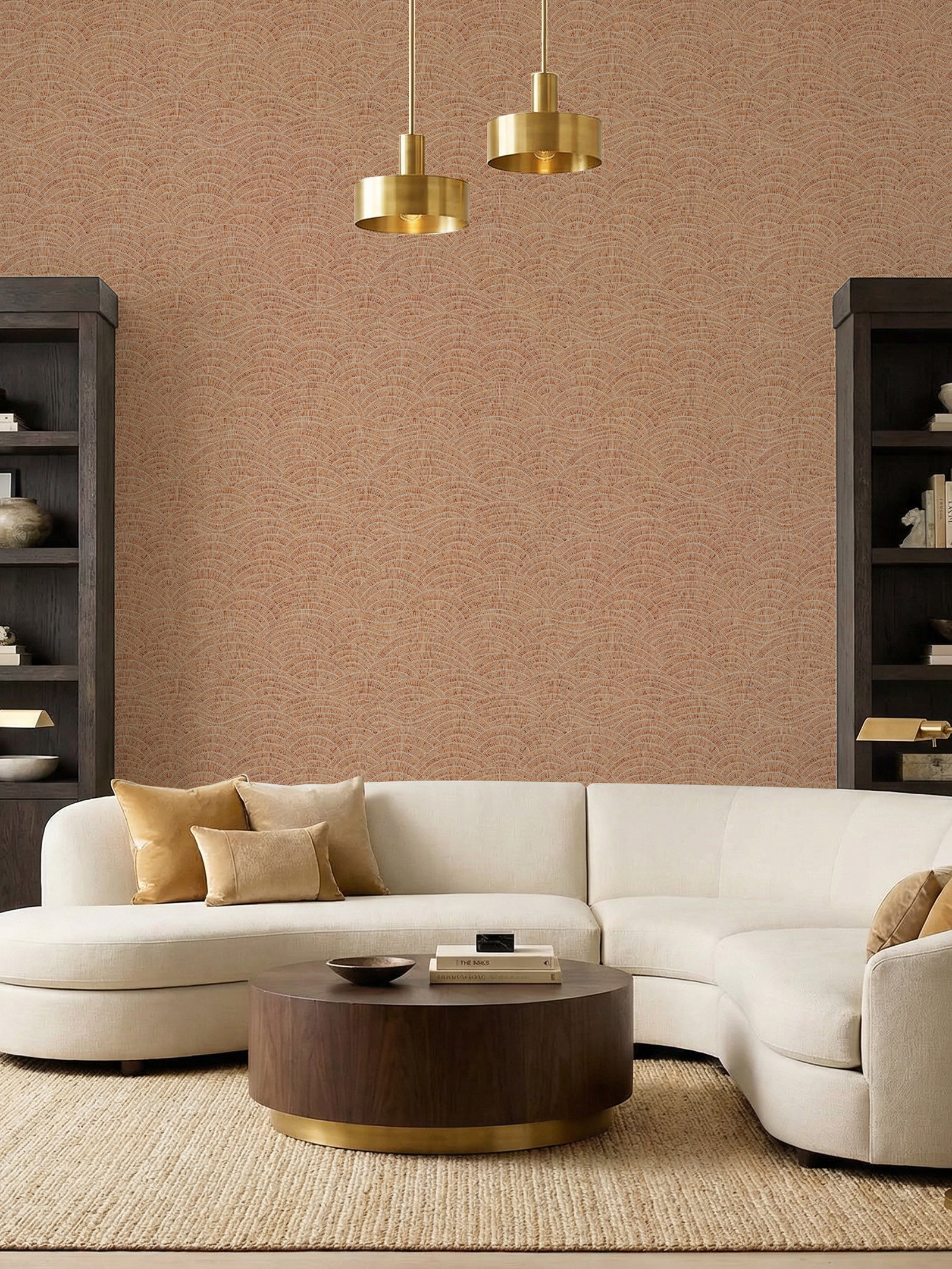 Dalty wallpaper in copper tones in a contemporary living room