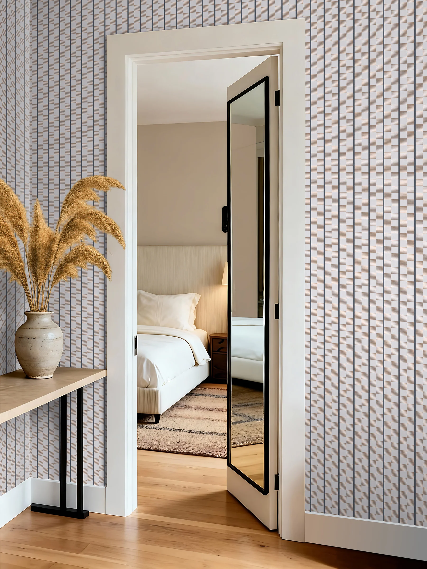 Hallway featuring a stripe and check wallpaper in brown