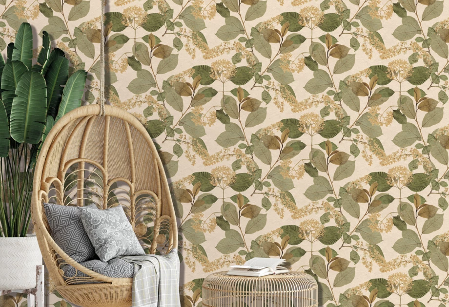 Castunum blossom and leaf wallpaper in a modern sunroom