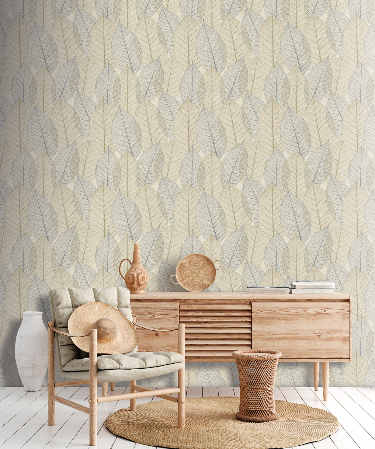 Leaf Veins wallpaper of translucent leaves in a Scandi style seating area