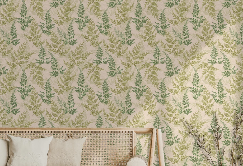 Wild Herbs wallpaper by Decoprint in a Scandi style living room