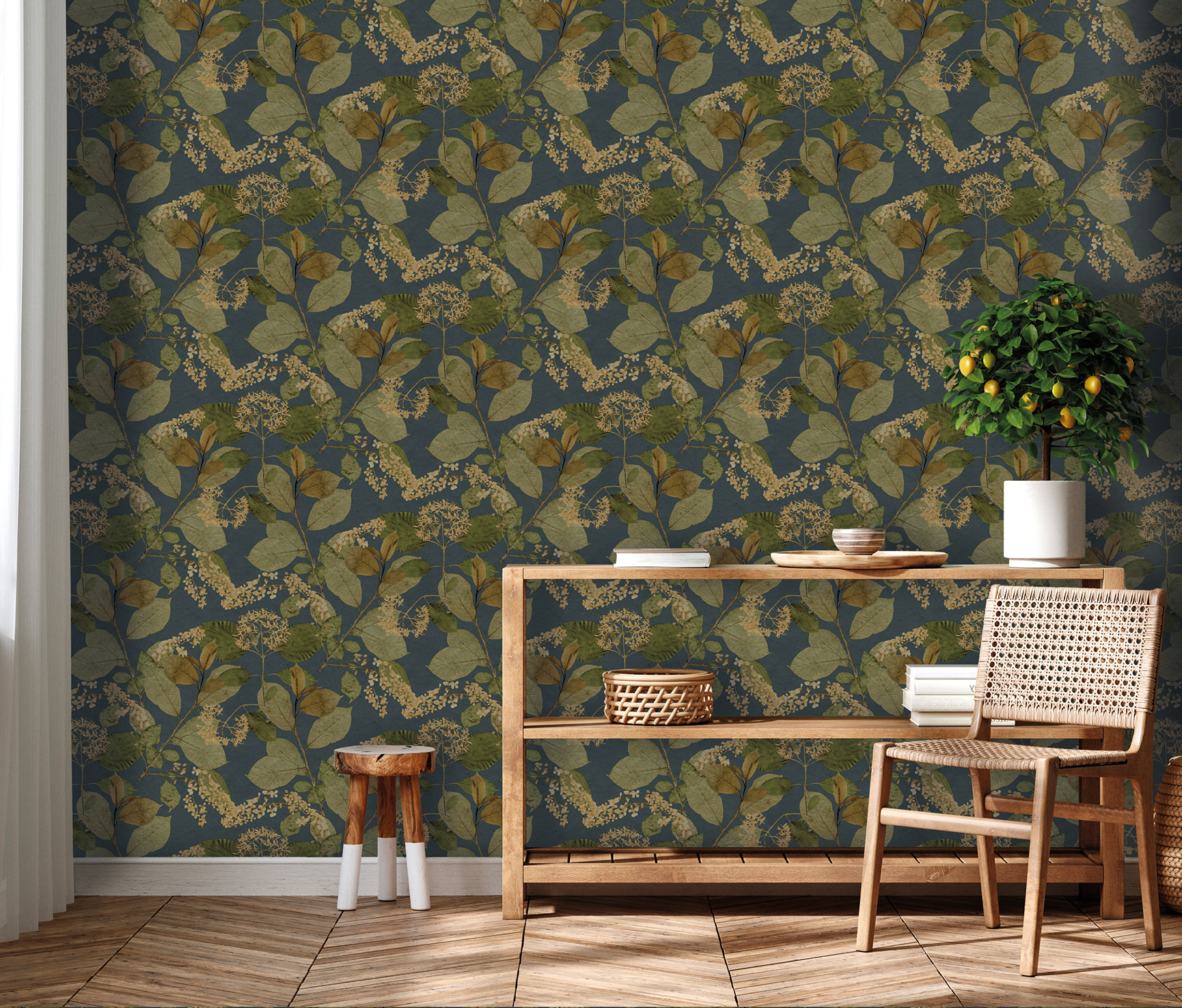 Leafy blossom floral wallpaper in a distressed finish
