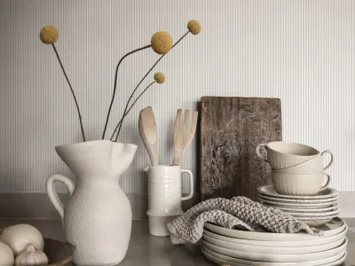 A kitchen set up with thin stripes wallpaper pattern