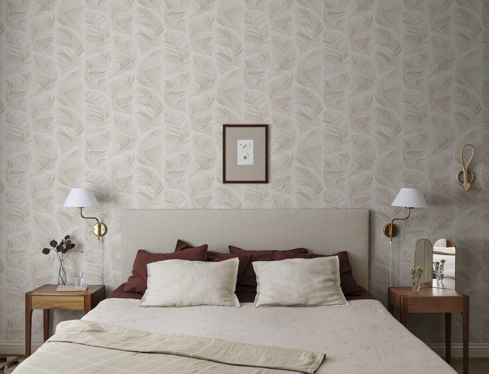 Grace feather wallpaper in a casual bedroom