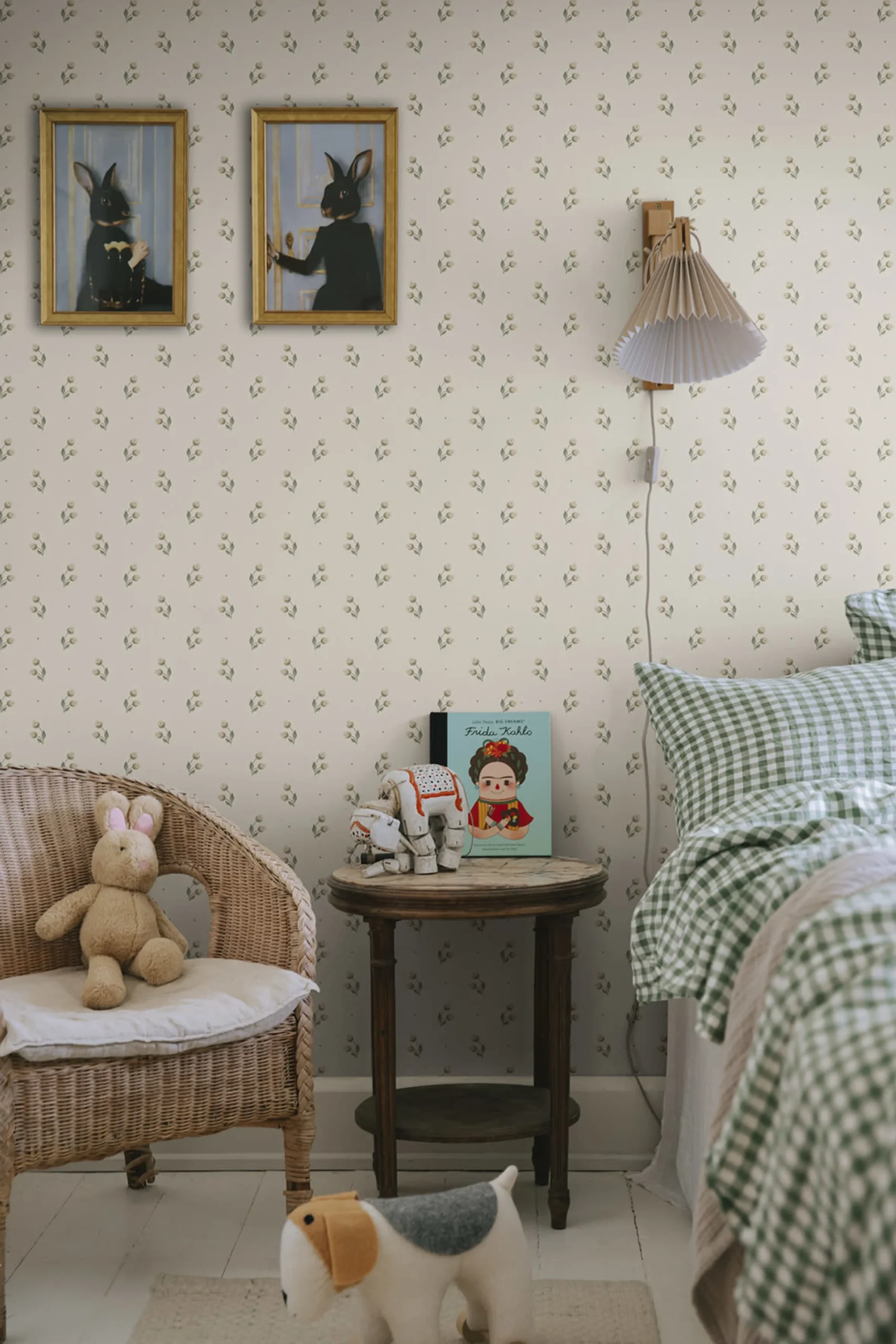 Childs bedroom with wallpaper of tiny berries