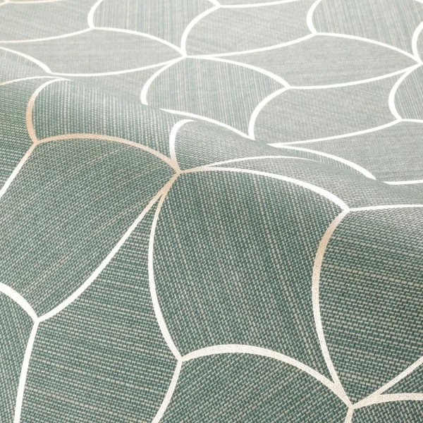 A roll of green wallpaper like basket weave and lined shapes