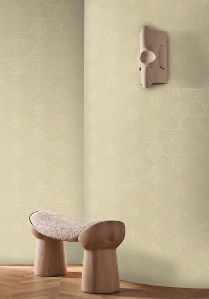 Balinese style room with textured wallpaper and metallic shapes