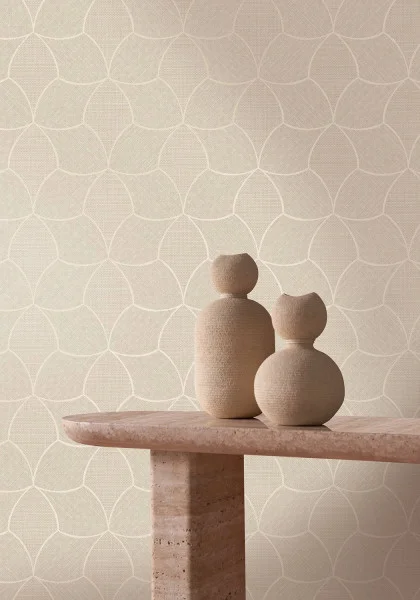 Geometric wallpaper with basketlike texture with clay accessories