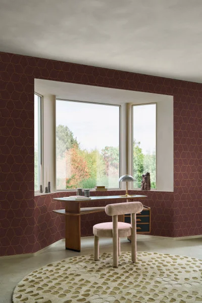 A room with bay window with Tressana wallpaper cut around it