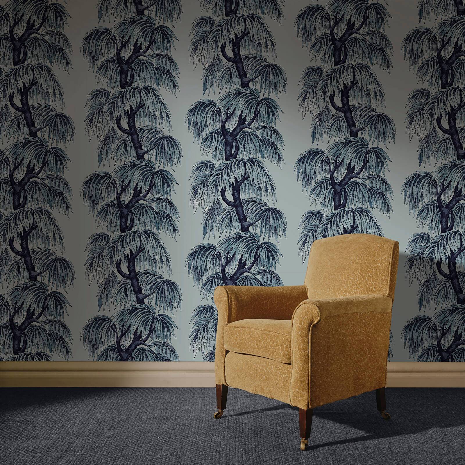 A lifestyle image of babylon palm tree wallpaper in blue