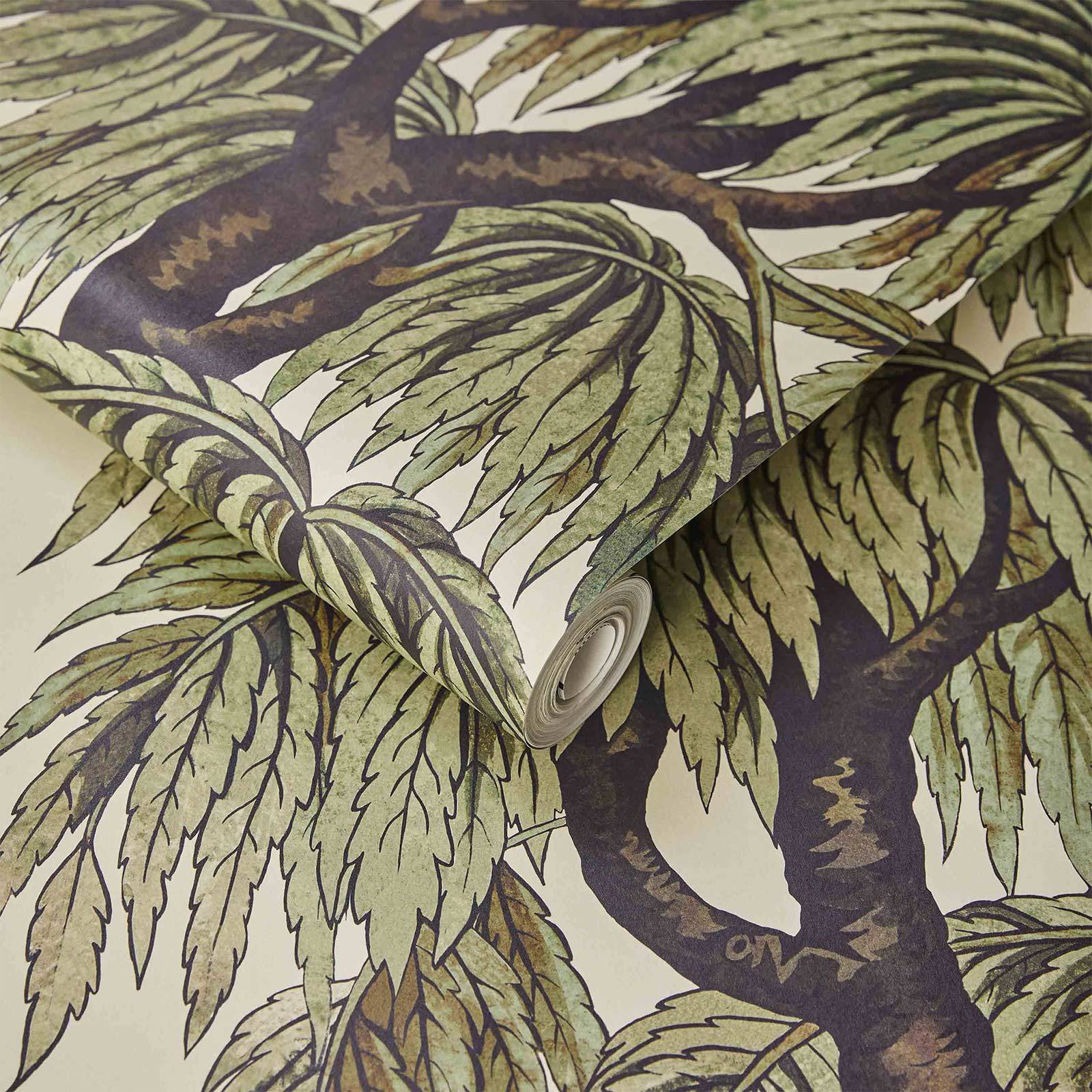 A close up of a roll of Palm Springs style palm leaf wallpaper