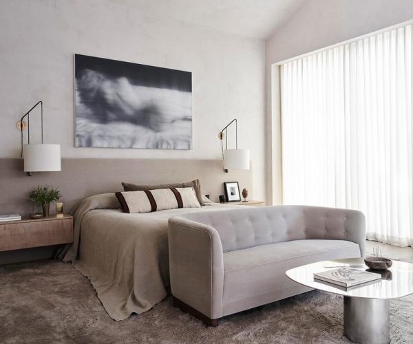 Calm bedroom design luxe feeling with neutral textured wallpaper