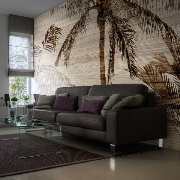 soundproof wallpaper mural of palm trees on a timber effect wallpaper. Living room