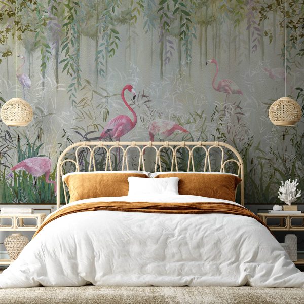 Flamingo's Garden mural set in a natural looking bedroom.