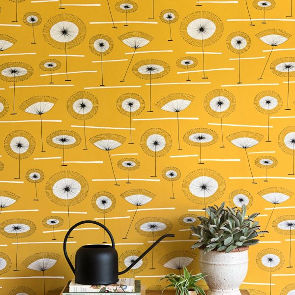 Room shot of yellow wallpaper for a fun whimsical floral wildflower design