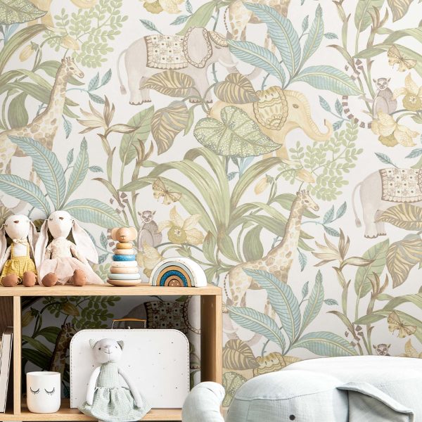 A childrens playroom with Savana jungle animal wallpaper
