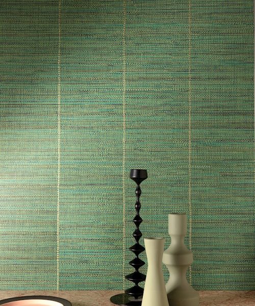 Safia green wallpaper with wide stripe and texture in a styled room shot