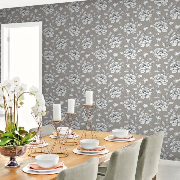 Dining room featuring metallic silver floral wallpaper