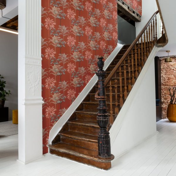 palm trees wallpaper on stairs