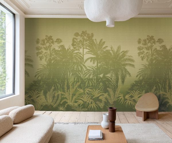 Awarra oasis wallpaper mural in green jungle style seen in a contemporary living room